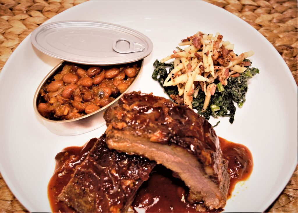 BBQ Pork Ribs, Baked Beans, Collard Greens